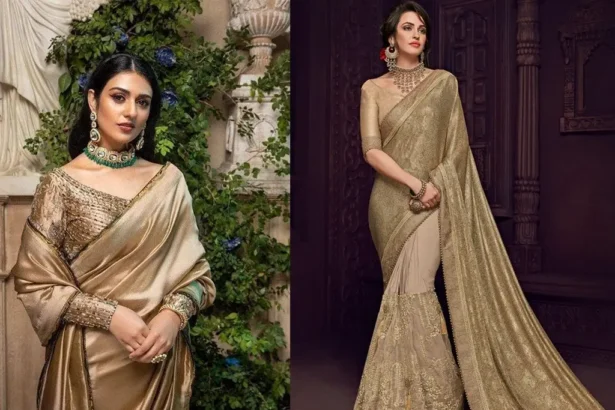 Golden color wedding saree with intricate designs for Kerala brides