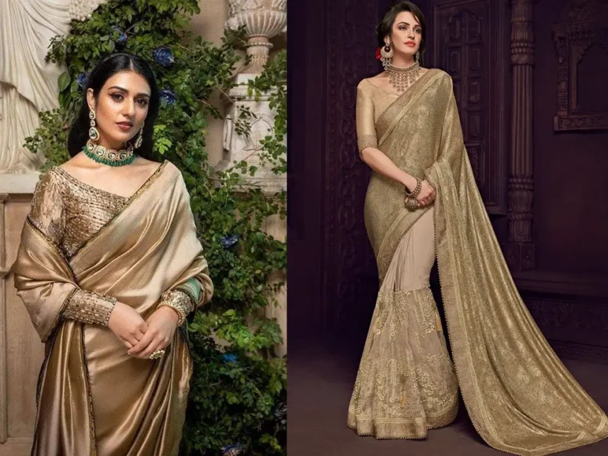 Golden color wedding saree with intricate designs for Kerala brides